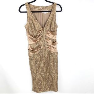 CHETTA B gold lace and satin deep v cocktail dress